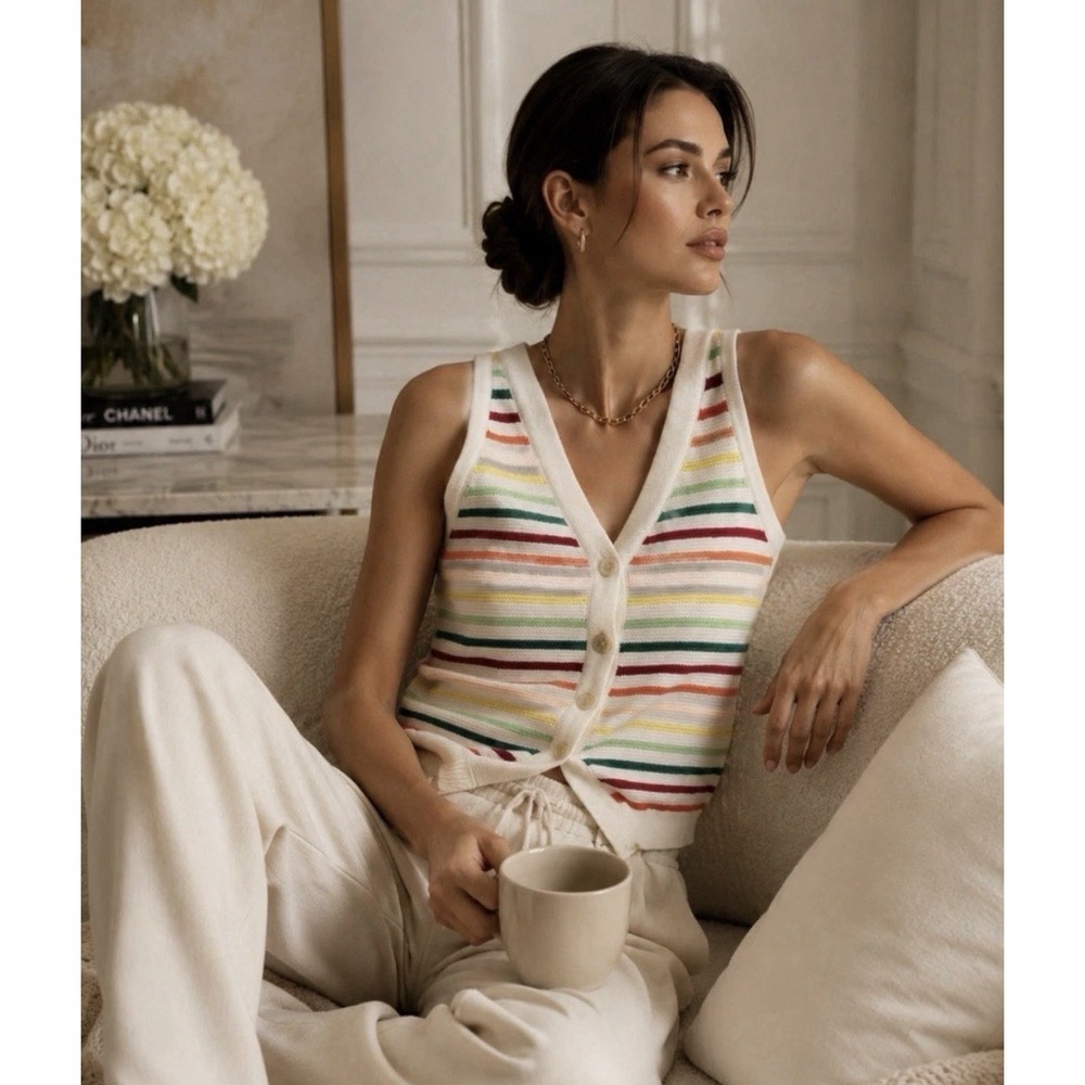 Loft Sweater Vest Women XL Rainbow Stripes Button Up V-Neck Pride Knit Tank Top